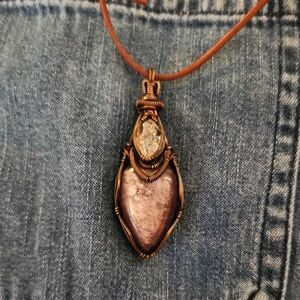 Artisan Lepidolite/ Herkimer On Brown Leather Copper